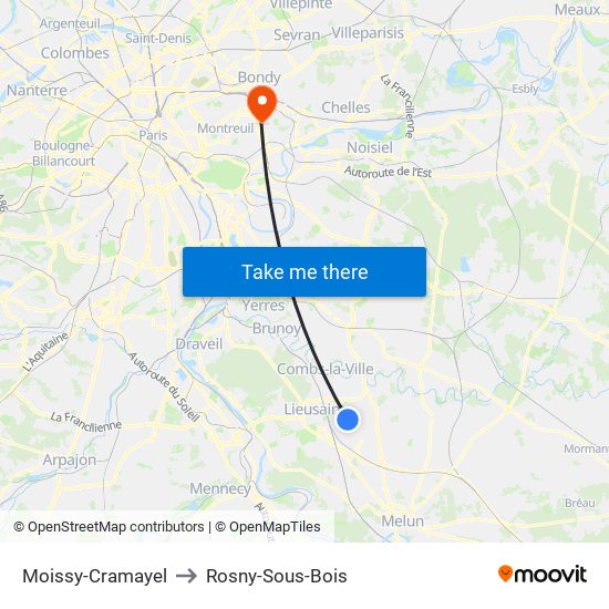 Moissy-Cramayel to Rosny-Sous-Bois map