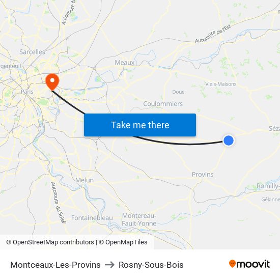 Montceaux-Les-Provins to Rosny-Sous-Bois map