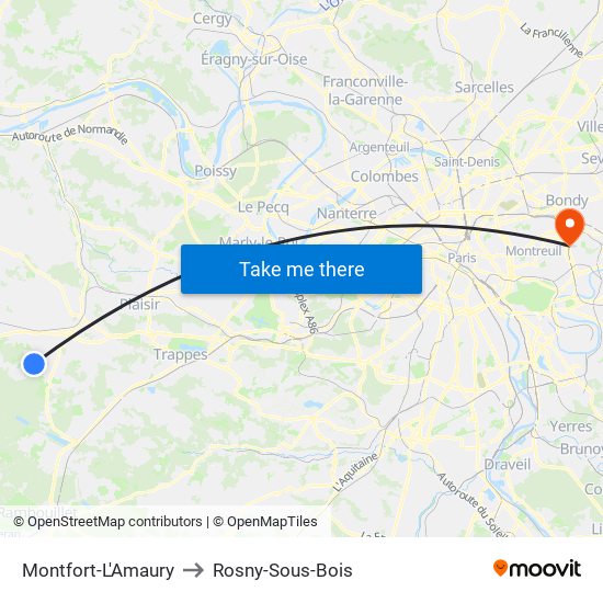 Montfort-L'Amaury to Rosny-Sous-Bois map