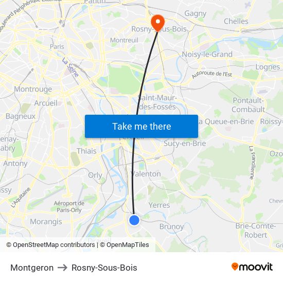 Montgeron to Rosny-Sous-Bois map