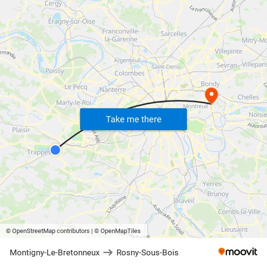Montigny-Le-Bretonneux to Rosny-Sous-Bois map