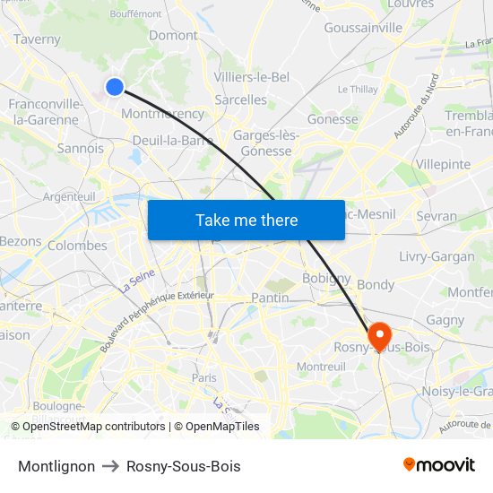 Montlignon to Rosny-Sous-Bois map