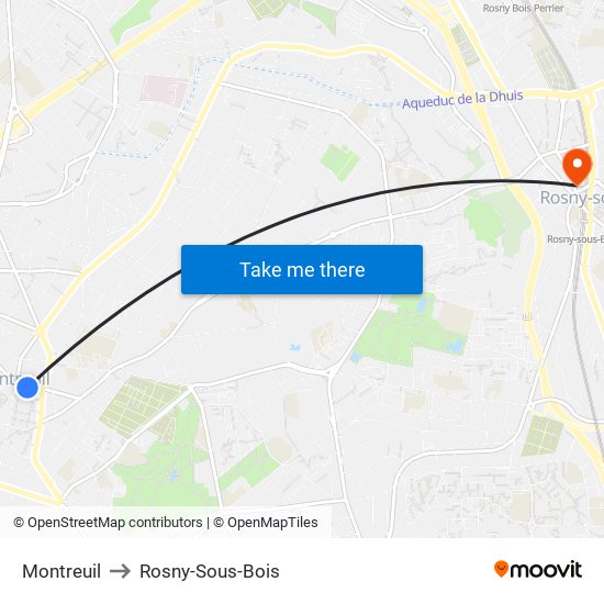 Montreuil to Rosny-Sous-Bois map