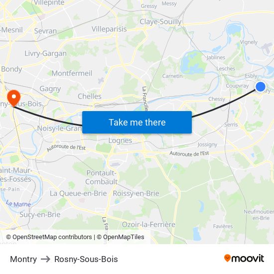 Montry to Rosny-Sous-Bois map