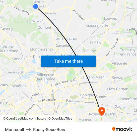 Montsoult to Rosny-Sous-Bois map