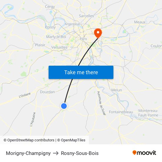 Morigny-Champigny to Rosny-Sous-Bois map