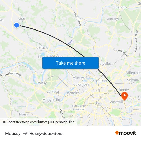 Moussy to Rosny-Sous-Bois map