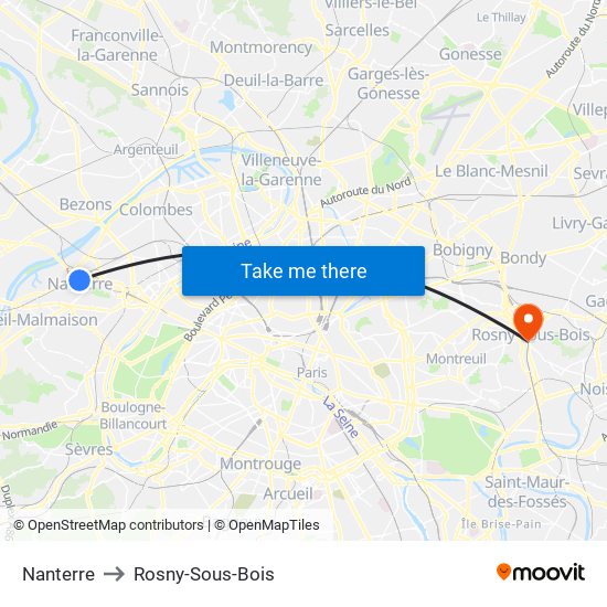 Nanterre to Rosny-Sous-Bois map