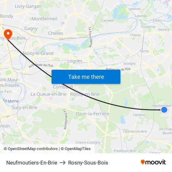 Neufmoutiers-En-Brie to Rosny-Sous-Bois map