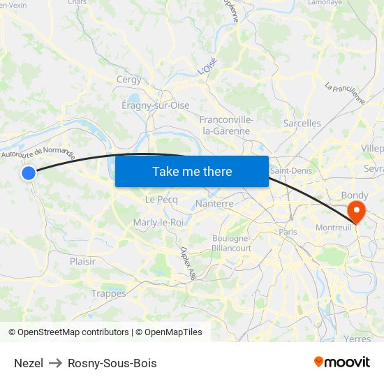 Nezel to Rosny-Sous-Bois map