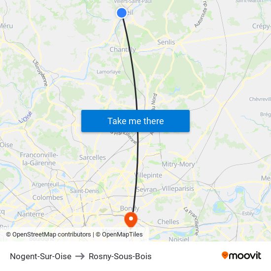 Nogent-Sur-Oise to Rosny-Sous-Bois map