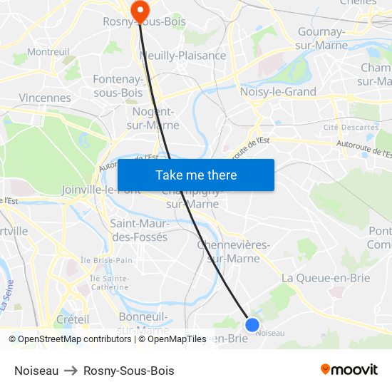 Noiseau to Rosny-Sous-Bois map