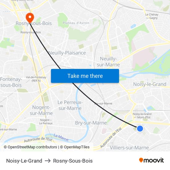 Noisy-Le-Grand to Rosny-Sous-Bois map