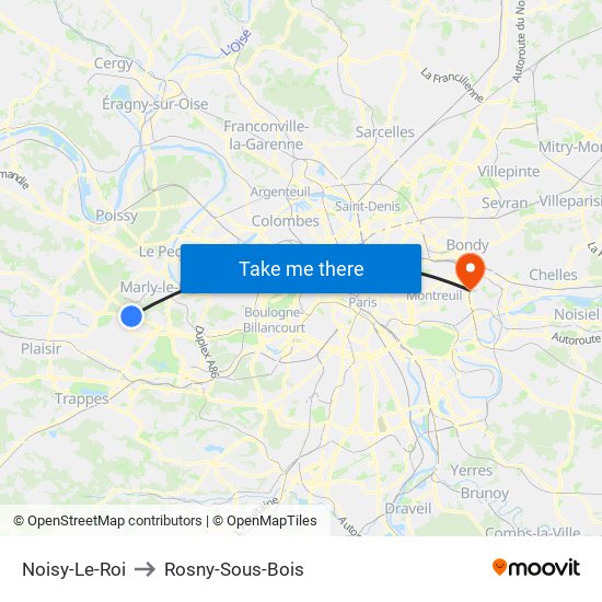 Noisy-Le-Roi to Rosny-Sous-Bois map