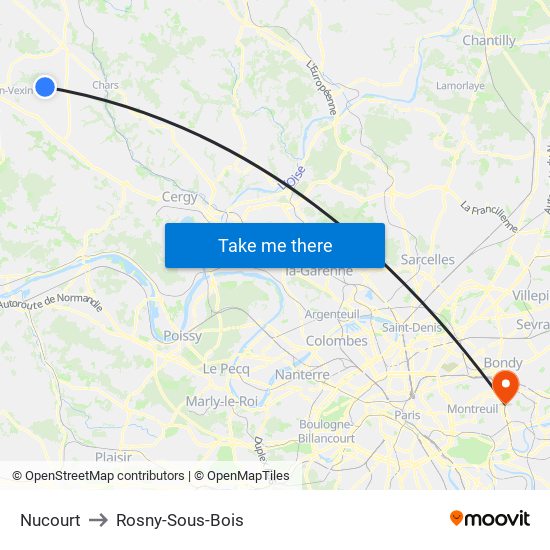 Nucourt to Rosny-Sous-Bois map