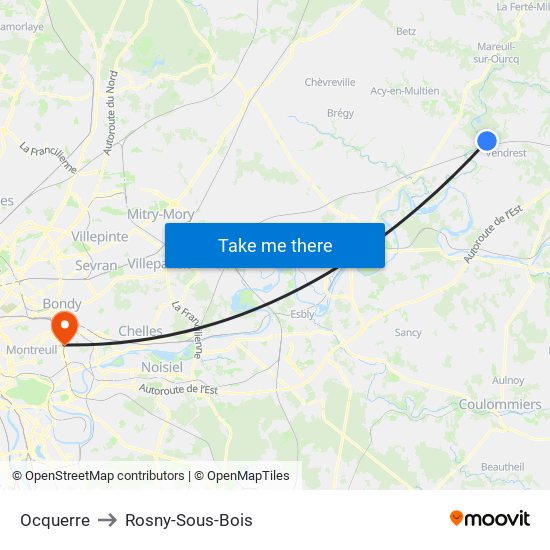 Ocquerre to Rosny-Sous-Bois map