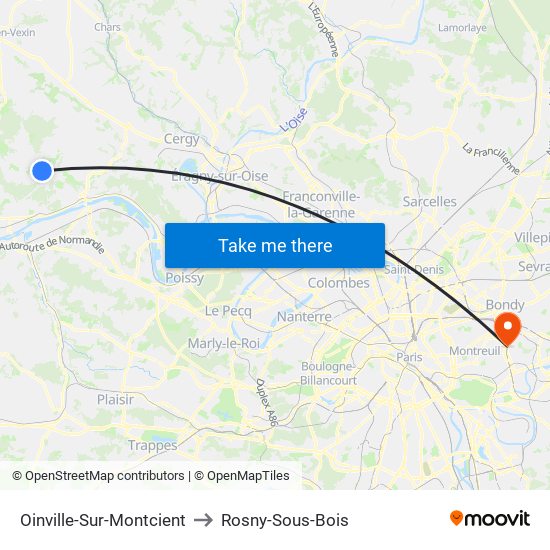 Oinville-Sur-Montcient to Rosny-Sous-Bois map