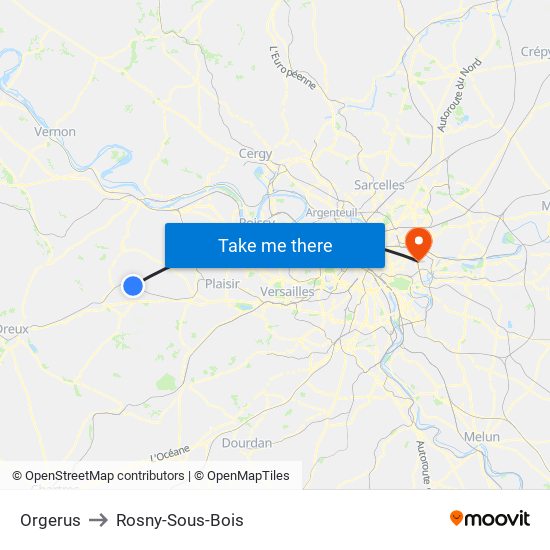 Orgerus to Rosny-Sous-Bois map