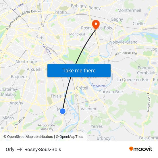 Orly to Rosny-Sous-Bois map