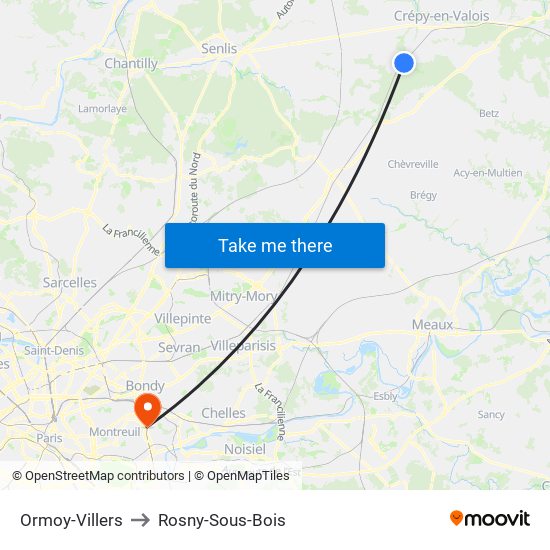 Ormoy-Villers to Rosny-Sous-Bois map