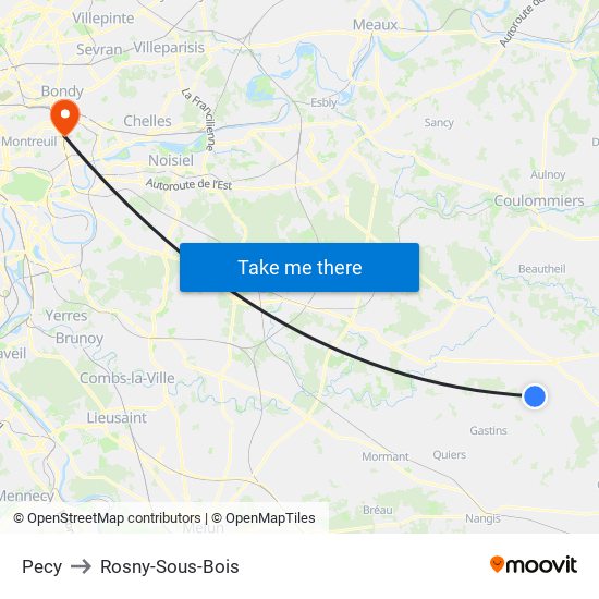 Pecy to Rosny-Sous-Bois map