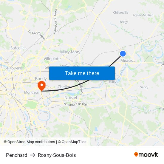 Penchard to Rosny-Sous-Bois map