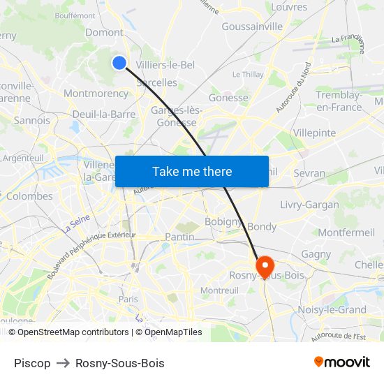 Piscop to Rosny-Sous-Bois map