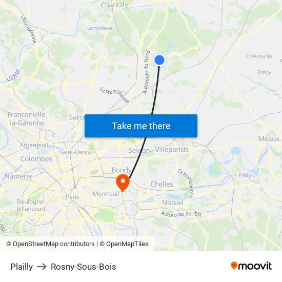 Plailly to Rosny-Sous-Bois map