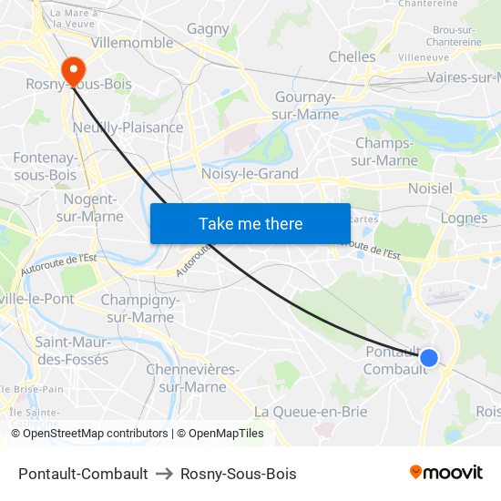 Pontault-Combault to Rosny-Sous-Bois map