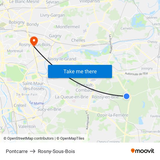 Pontcarre to Rosny-Sous-Bois map