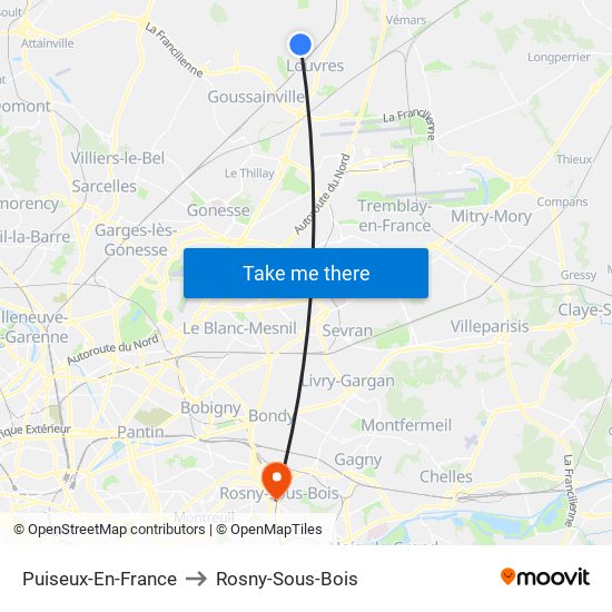 Puiseux-En-France to Rosny-Sous-Bois map