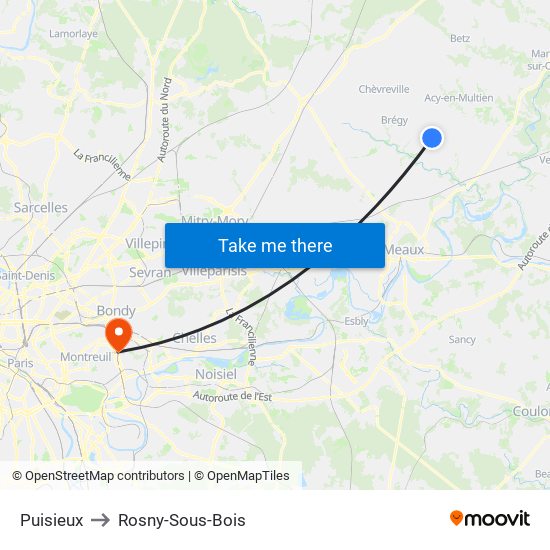 Puisieux to Rosny-Sous-Bois map