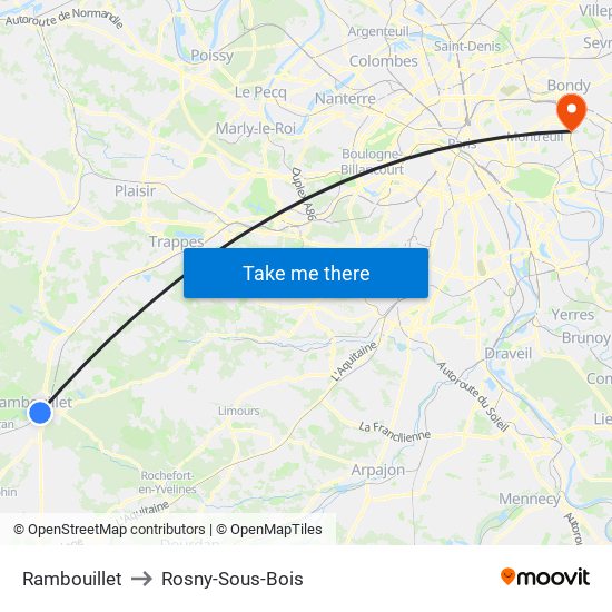 Rambouillet to Rosny-Sous-Bois map