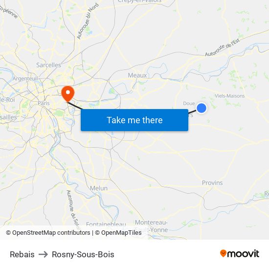 Rebais to Rosny-Sous-Bois map