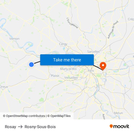 Rosay to Rosny-Sous-Bois map