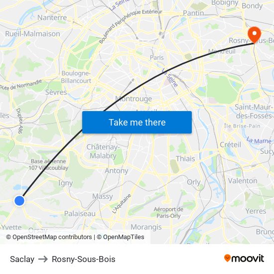 Saclay to Rosny-Sous-Bois map