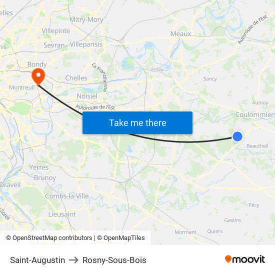 Saint-Augustin to Rosny-Sous-Bois map