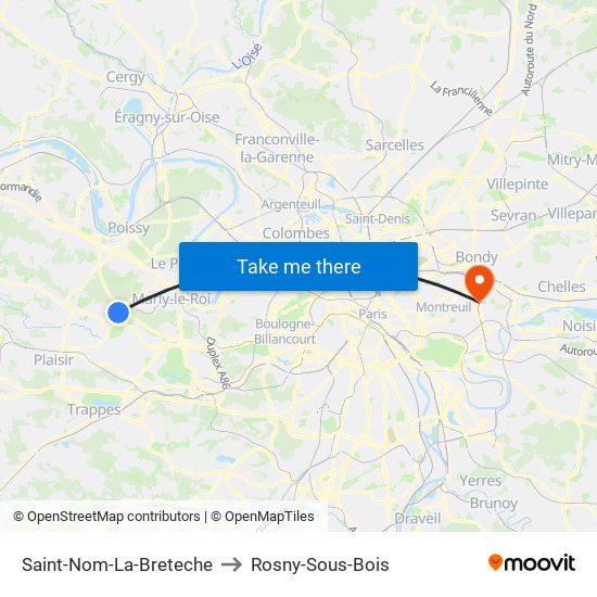 Saint-Nom-La-Breteche to Rosny-Sous-Bois map
