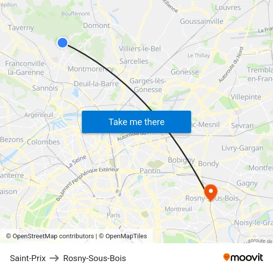 Saint-Prix to Rosny-Sous-Bois map