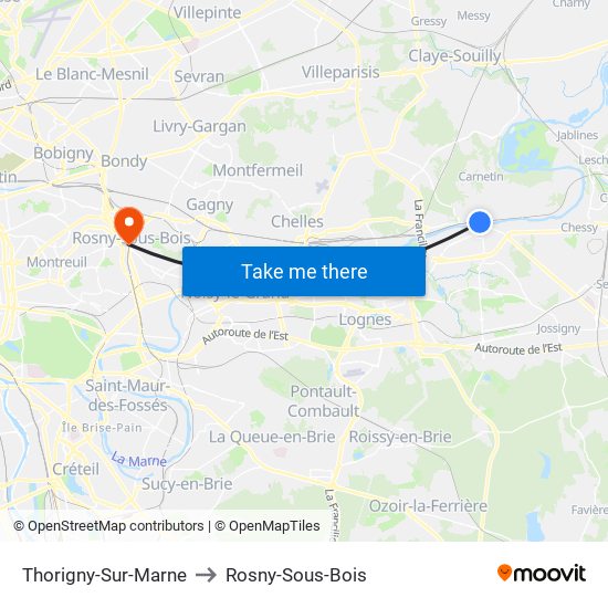 Thorigny-Sur-Marne to Rosny-Sous-Bois map