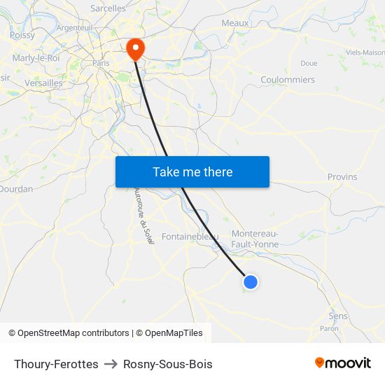 Thoury-Ferottes to Rosny-Sous-Bois map