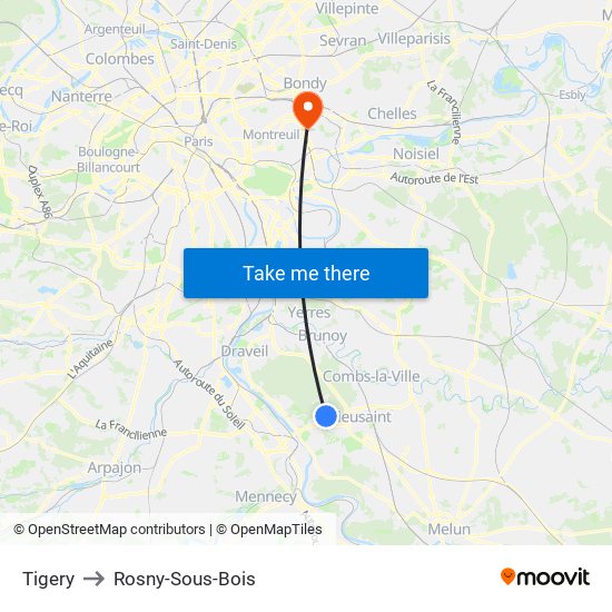 Tigery to Rosny-Sous-Bois map