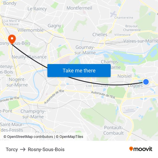 Torcy to Rosny-Sous-Bois map