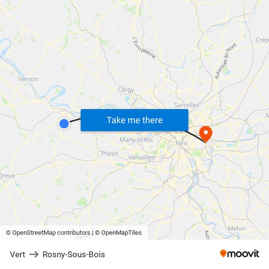 Vert to Rosny-Sous-Bois map