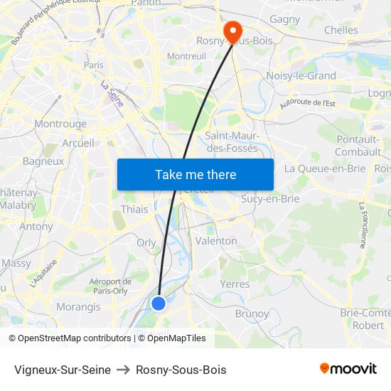 Vigneux-Sur-Seine to Rosny-Sous-Bois map