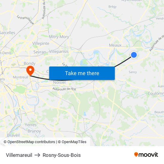 Villemareuil to Rosny-Sous-Bois map