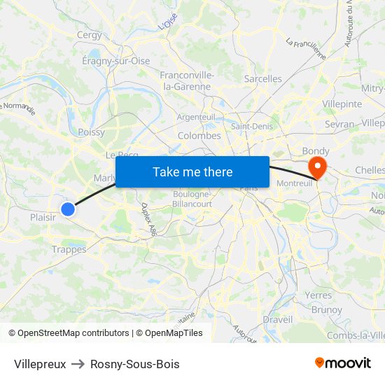 Villepreux to Rosny-Sous-Bois map