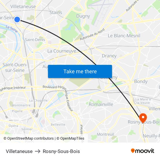 Villetaneuse to Rosny-Sous-Bois map