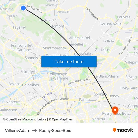 Villiers-Adam to Rosny-Sous-Bois map