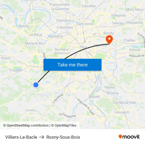 Villiers-Le-Bacle to Rosny-Sous-Bois map